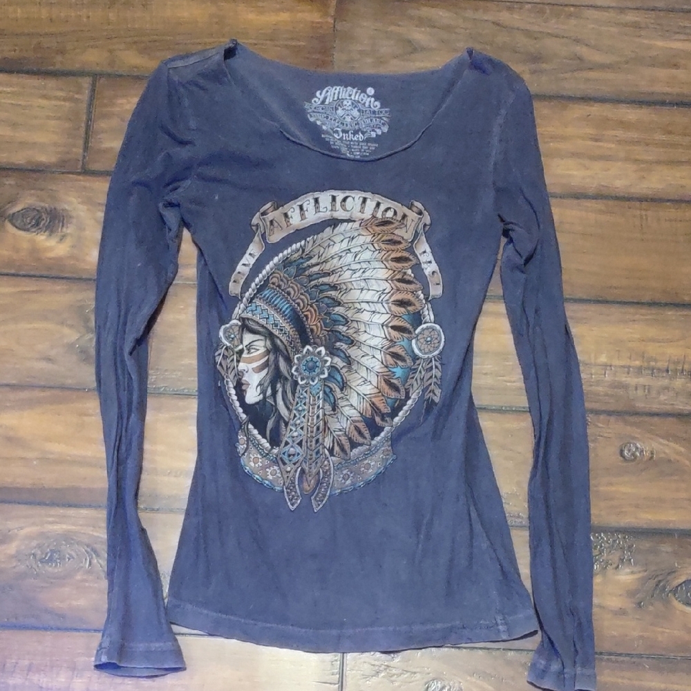 Affliction Blue Long Sleeve Tee with Graphic Design